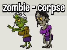 Animated female zombie and corpse